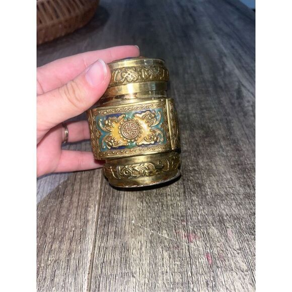 Antique Chinese Brass Tea Jar Caddy Enameled Relief Market Scent Jar - Picture 2 of 8